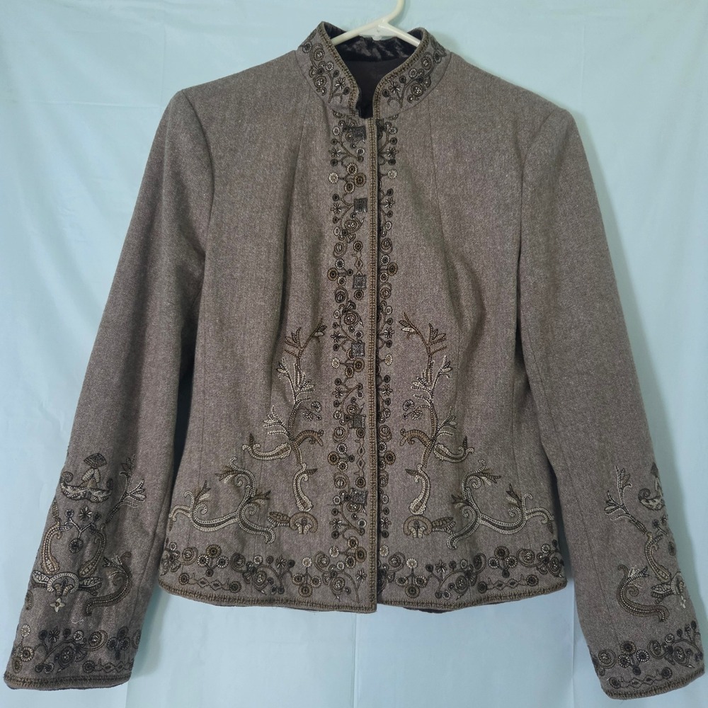 Nygard Collection Brown Wool Blend Embroidered Beaded Blazer Jacket Size 6